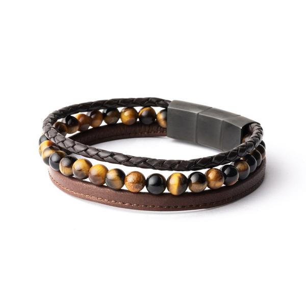Dreifaches Armband mit 6 mm Tigerauge-Stein und Nappaleder - Triple Brown